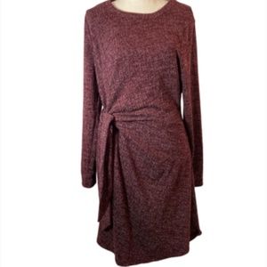 Ces Femme Burgundy Black Heathered Side Tie Long Sleeve Sweater Dress